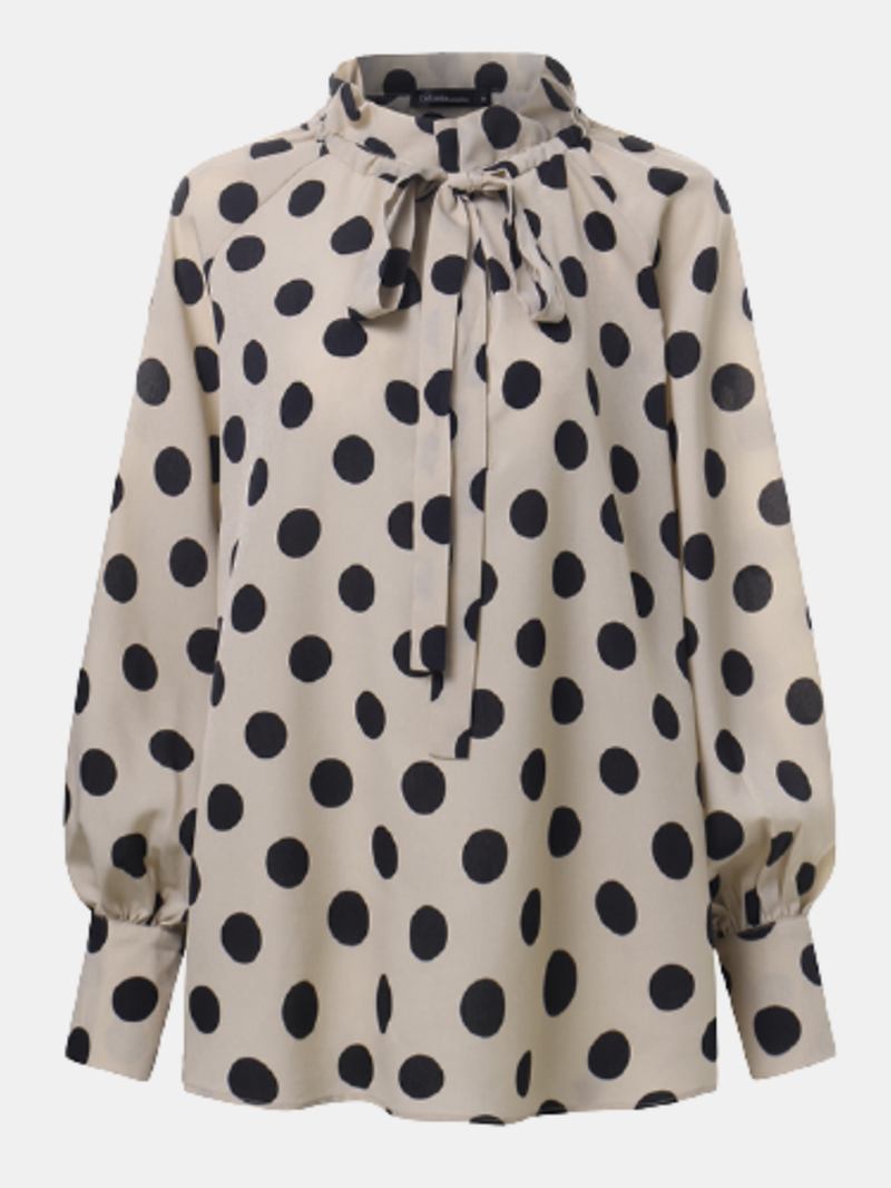 Polka Dots Med Tryck Lantern Sleeve Halslinje Fluga Casual Blus För Kvinnor