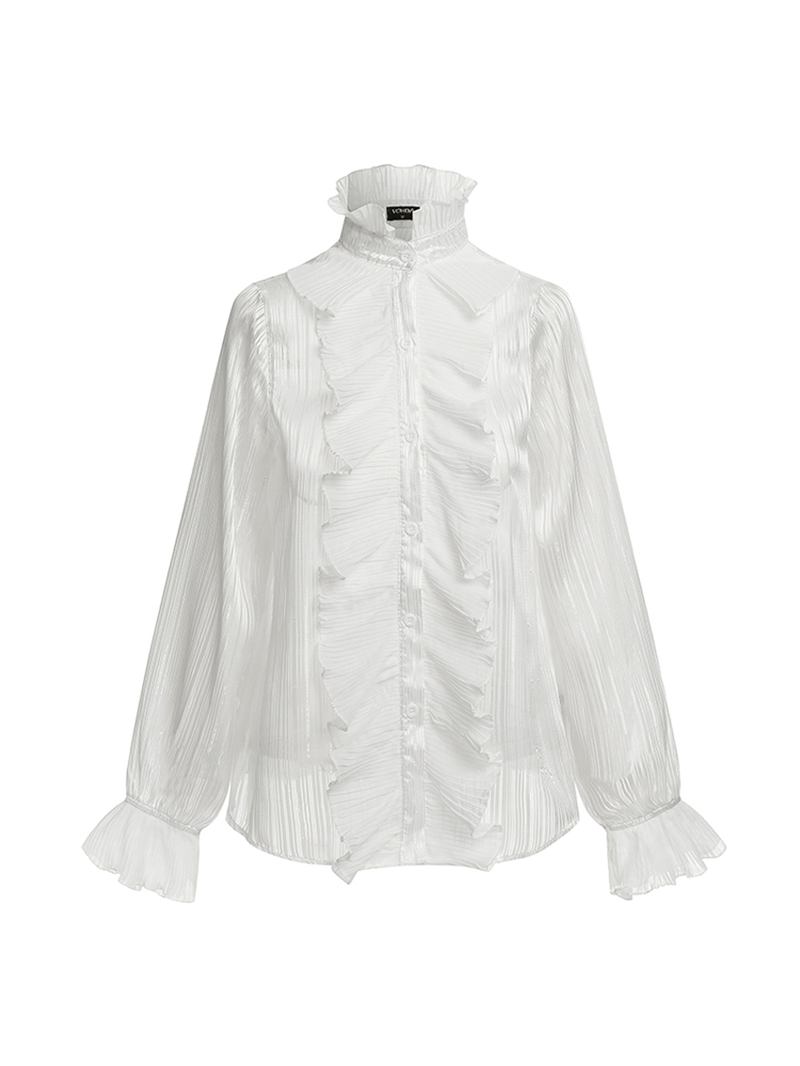 Ren Färg Ruffle Stand Collar Långärmade Casual Shirts För Kvinnor