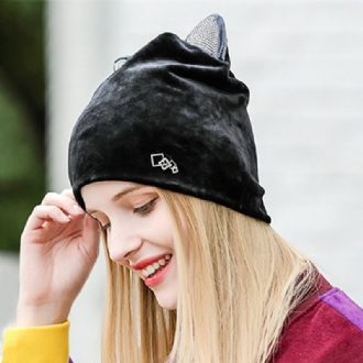 Dam Velour Rhinestone Deco Katt Ear Vindtät Beanie Cap