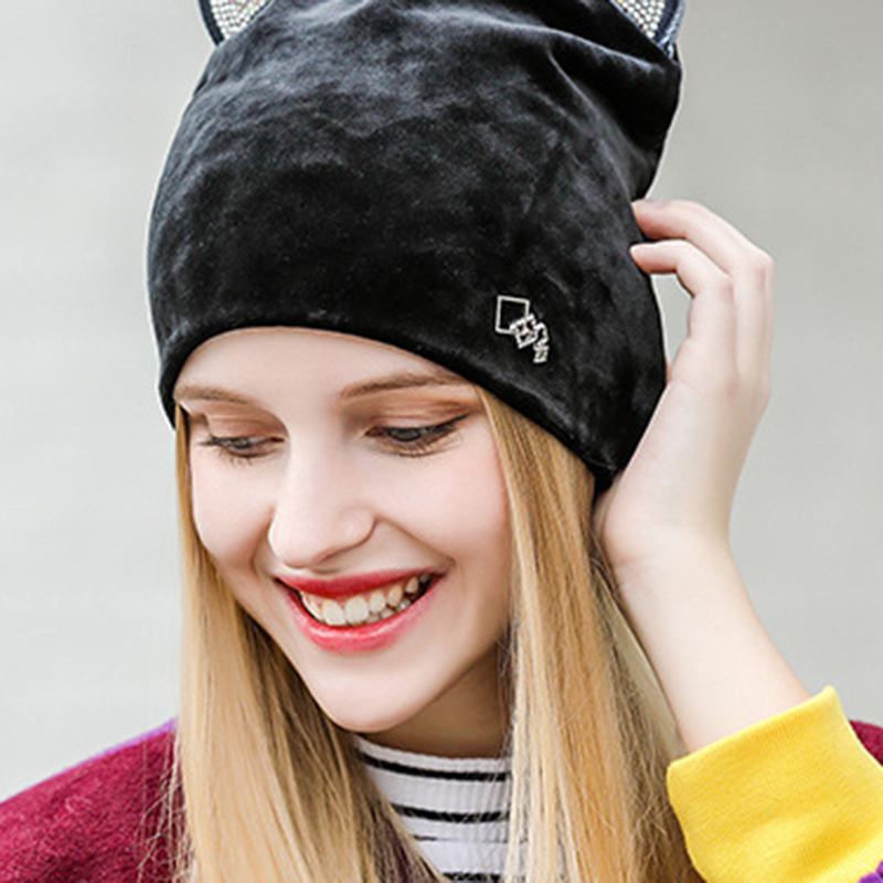 Dam Velour Rhinestone Deco Katt Ear Vindtät Beanie Cap