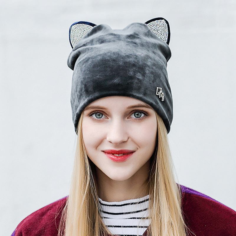 Dam Velour Rhinestone Deco Katt Ear Vindtät Beanie Cap