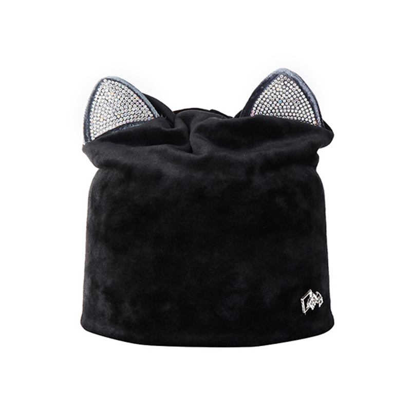 Dam Velour Rhinestone Deco Katt Ear Vindtät Beanie Cap