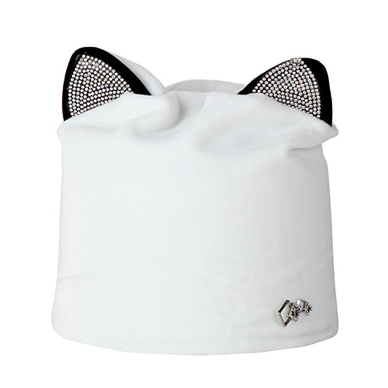 Dam Velour Rhinestone Deco Katt Ear Vindtät Beanie Cap