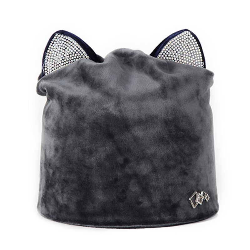 Dam Velour Rhinestone Deco Katt Ear Vindtät Beanie Cap