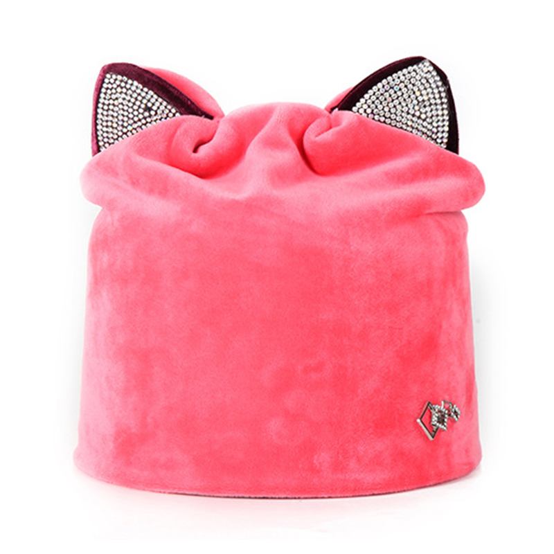 Dam Velour Rhinestone Deco Katt Ear Vindtät Beanie Cap