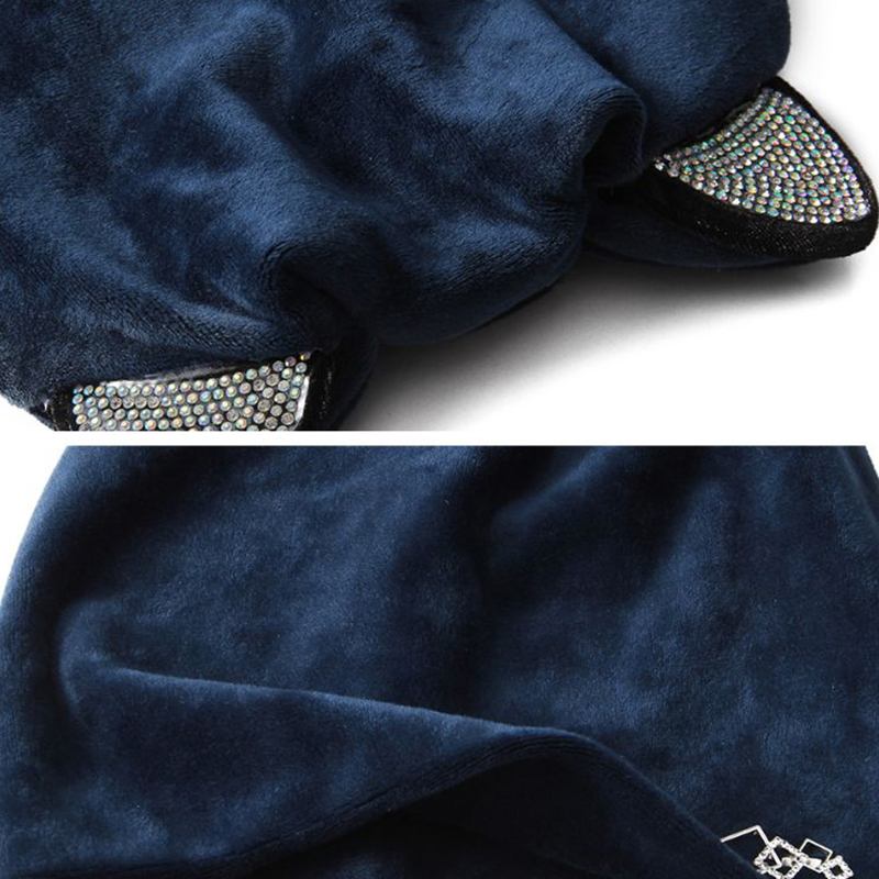 Dam Velour Rhinestone Deco Katt Ear Vindtät Beanie Cap