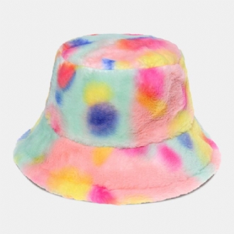 Damfärgad Tie-dye Fluffig Tjocka Vinter Warm Bucket Hat Fusk Kaninpäls Utomhus Casual Vindtät Cool-protection Hat