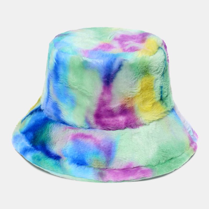 Damfärgad Tie-dye Fluffig Tjocka Vinter Warm Bucket Hat Fusk Kaninpäls Utomhus Casual Vindtät Cool-protection Hat