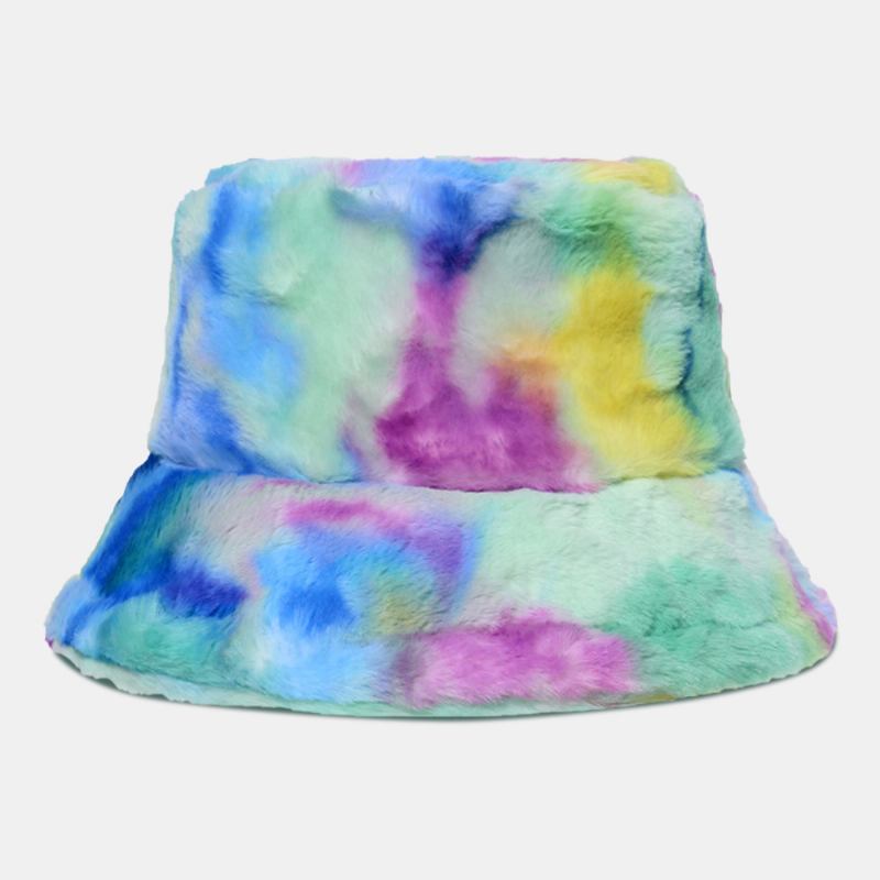 Damfärgad Tie-dye Fluffig Tjocka Vinter Warm Bucket Hat Fusk Kaninpäls Utomhus Casual Vindtät Cool-protection Hat