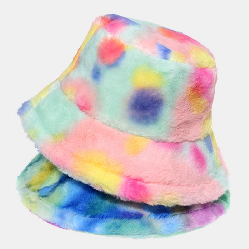 Damfärgad Tie-dye Fluffig Tjocka Vinter Warm Bucket Hat Fusk Kaninpäls Utomhus Casual Vindtät Cool-protection Hat