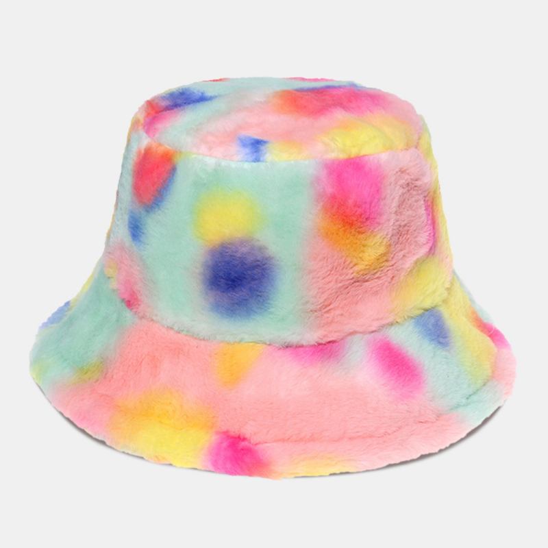 Damfärgad Tie-dye Fluffig Tjocka Vinter Warm Bucket Hat Fusk Kaninpäls Utomhus Casual Vindtät Cool-protection Hat