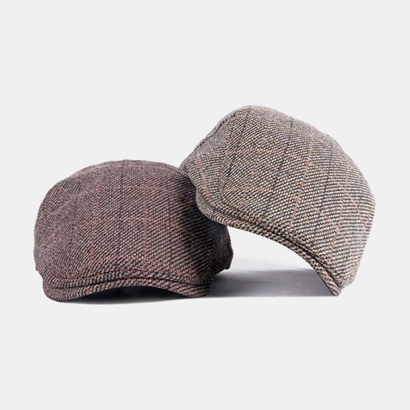 Herr Bomullsfärgat Gallermönster Plus Sammet Varma Baskrar Brittisk Retro Casual Solskydd Forward Hat Newsboy Hat