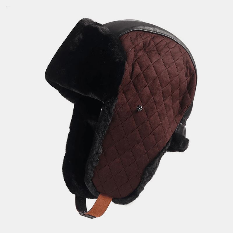 Herr Pu Plus Velvet Thicken Trapper Hat Enfärgad Argyle Köldskydd Vindtätt Hörselskydd Ushanka Hatt