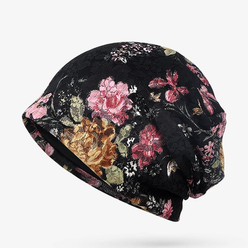 Kvinnor Blommor Bomull Spets Beanie Hat Etnisk Vintage Bra Elastisk Andas Turban Kepsar