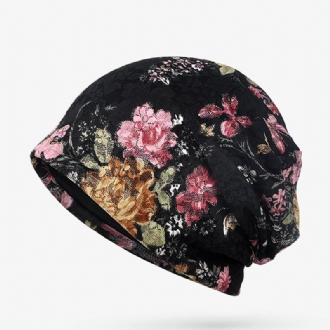 Kvinnor Blommor Bomull Spets Beanie Hat Etnisk Vintage Bra Elastisk Andas Turban Kepsar