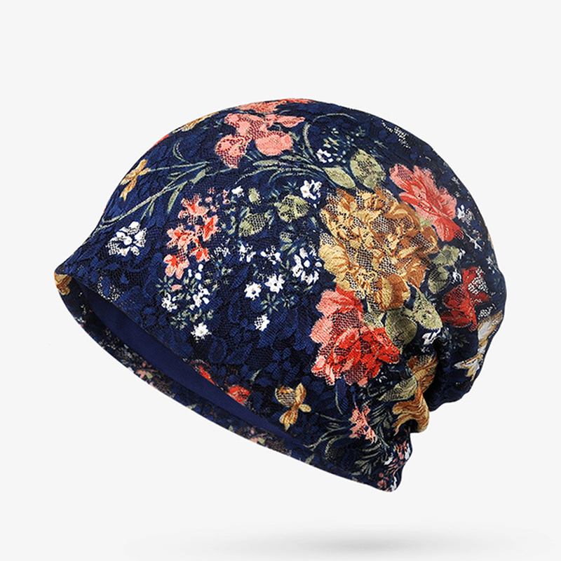 Kvinnor Blommor Bomull Spets Beanie Hat Etnisk Vintage Bra Elastisk Andas Turban Kepsar