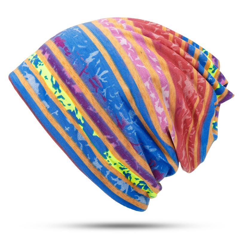 Kvinnor Bomull Öronkåpor Rainbow Stripe Beanie Hat Scarf