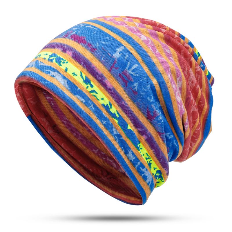 Kvinnor Bomull Öronkåpor Rainbow Stripe Beanie Hat Scarf