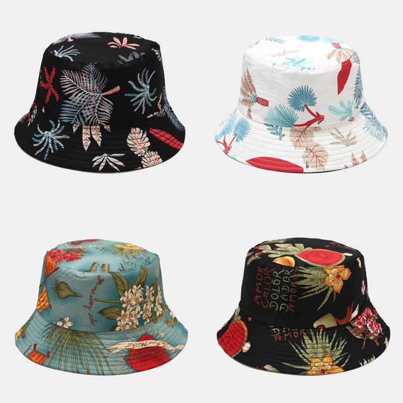 Kvinnor Dubbelsidig Sommar Uv-skydd Marint Växtmönster Casual Enkel Solhatt Bucket Hat