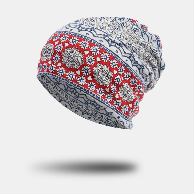 Kvinnor Hel Bomull Icke-allergiframkallande Baotou Hatt Haklapp Mode Blomma Tryckt Höst Vinter Plus Sammet Varm Scarf Beanie Hatt