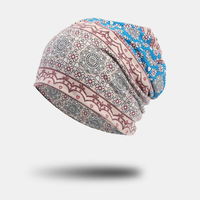 Kvinnor Hel Bomull Icke-allergiframkallande Baotou Hatt Haklapp Mode Blomma Tryckt Höst Vinter Plus Sammet Varm Scarf Beanie Hatt