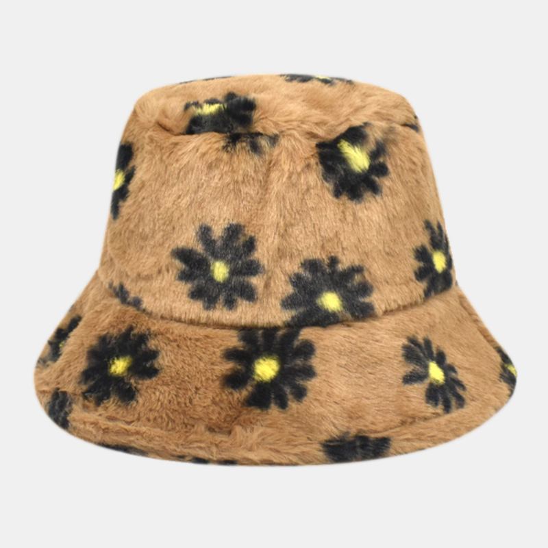 Kvinnor Lammhår Mjukt Varmt Plus Tjocka Casual All-match Söt Blommönster Bucket Hat