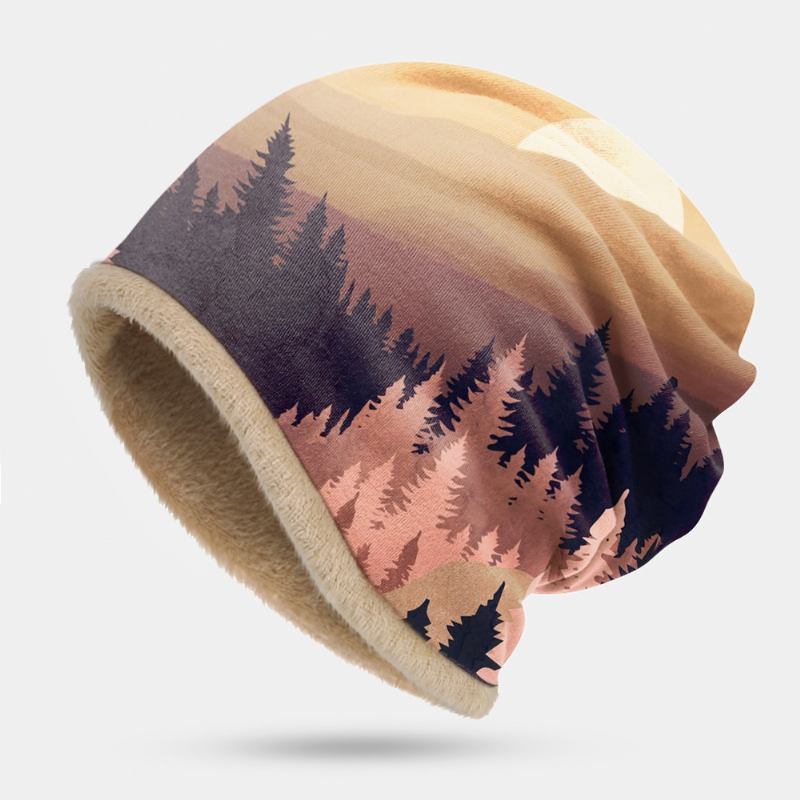 Kvinnor Plus Sammet Mountain Treetop Med Tryck Mönster Mjuk Personlighet Andas Turban Cap Beanie