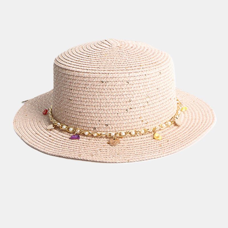 Kvinnor Solskyddsmedel Sommar Utomhus Casual Pearl Dekoration Solhatt Halmhatt