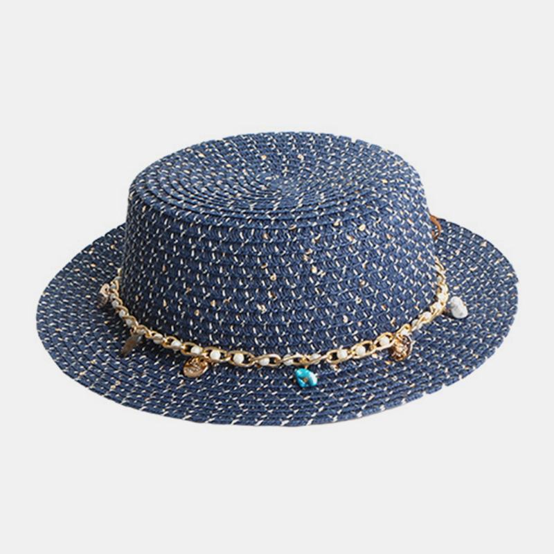 Kvinnor Solskyddsmedel Sommar Utomhus Casual Pearl Dekoration Solhatt Halmhatt