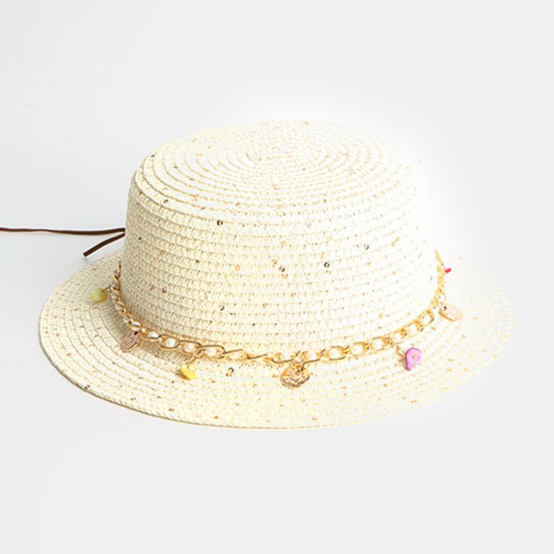 Kvinnor Solskyddsmedel Sommar Utomhus Casual Pearl Dekoration Solhatt Halmhatt