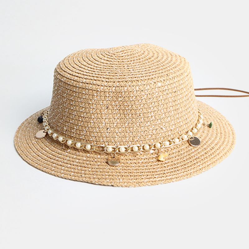 Kvinnor Solskyddsmedel Sommar Utomhus Casual Pearl Dekoration Solhatt Halmhatt