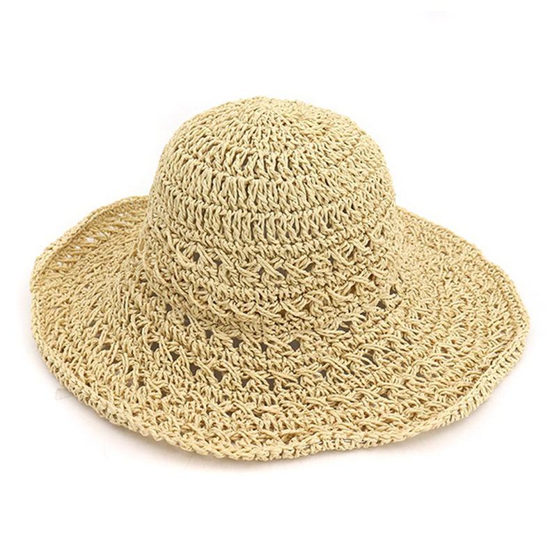 Kvinnor Sommar Hollow Out Bucket Hat Outdoor Dress Beach Folding Woven Visir