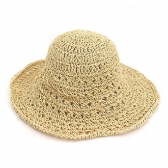 Kvinnor Sommar Hollow Out Bucket Hat Outdoor Dress Beach Folding Woven Visir