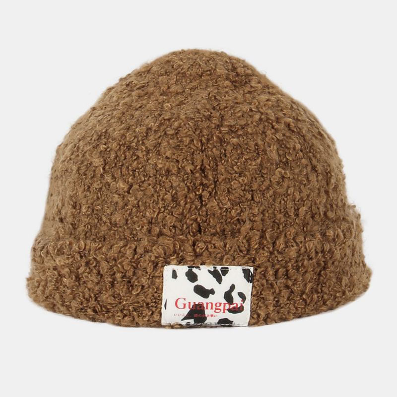 Kvinnor Teddy Sammet Enfärgad Ko Mönster Brev Tyg Etikett Värme Beanie Hat