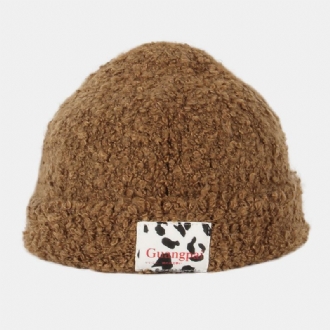 Kvinnor Teddy Sammet Enfärgad Ko Mönster Brev Tyg Etikett Värme Beanie Hat