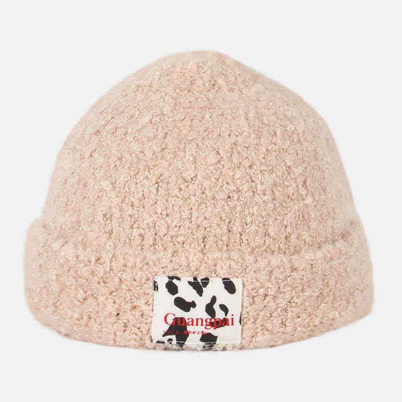 Kvinnor Teddy Sammet Enfärgad Ko Mönster Brev Tyg Etikett Värme Beanie Hat