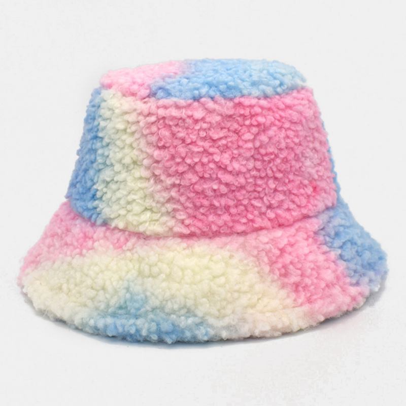 Kvinnor Tie-dye Mix Färg Lamm Hår Varm Casual Söt Bucket Hat