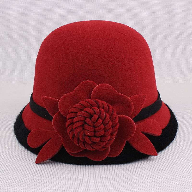 Kvinnor Varm Woolen Bowler Hat Blommor Etnisk Bucket Hat