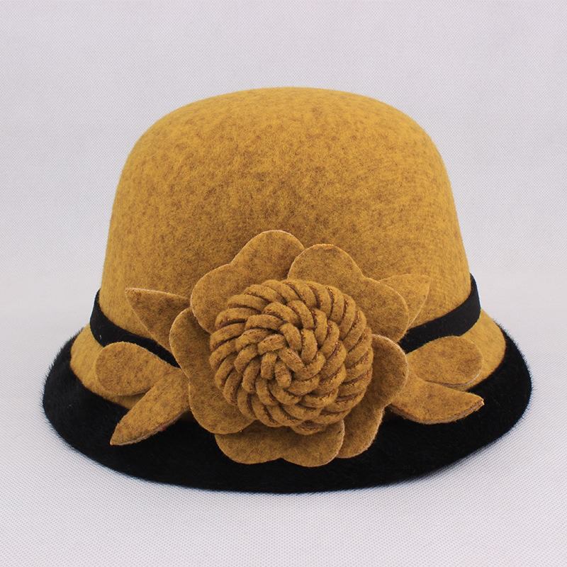 Kvinnor Varm Woolen Bowler Hat Blommor Etnisk Bucket Hat