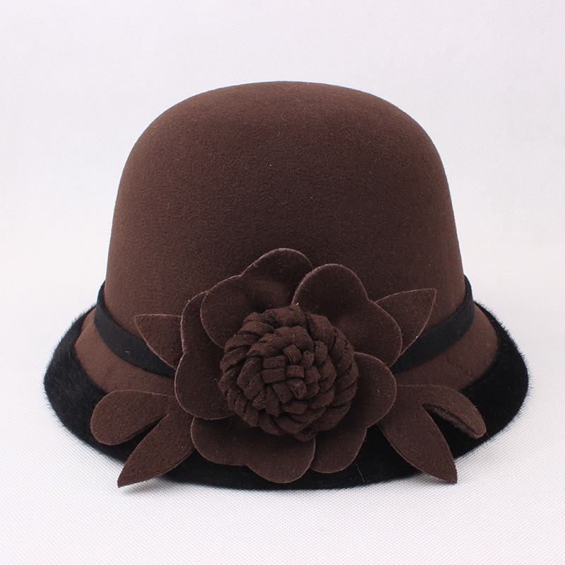 Kvinnor Varm Woolen Bowler Hat Blommor Etnisk Bucket Hat