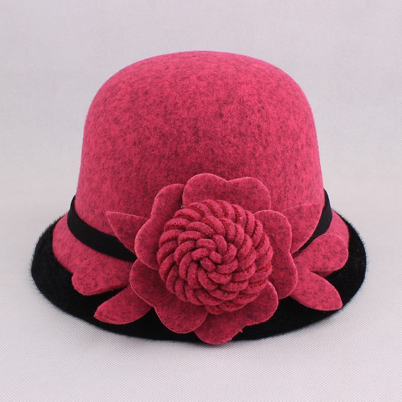 Kvinnor Varm Woolen Bowler Hat Blommor Etnisk Bucket Hat