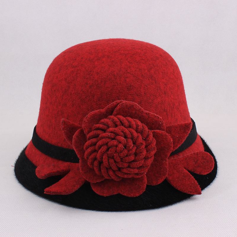 Kvinnor Varm Woolen Bowler Hat Blommor Etnisk Bucket Hat