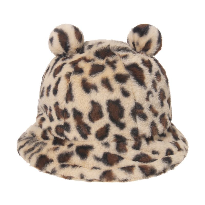 Leopardtryck Bear Ear Ball Plysch Fisherman Hat