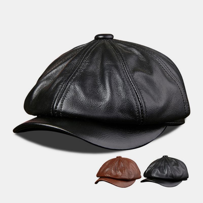 Män Äkta Läder Kohud Retro Mode Åttkantig Hatt Newsboy Hat Basker Hat Flat Hat