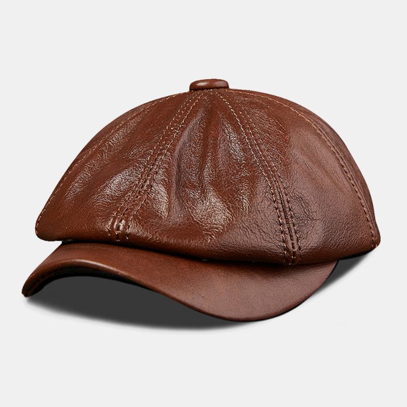 Män Äkta Läder Kohud Retro Mode Åttkantig Hatt Newsboy Hat Basker Hat Flat Hat