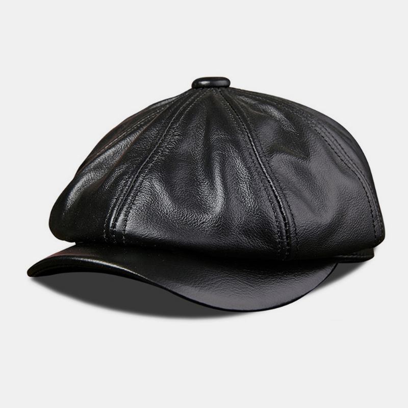 Män Äkta Läder Kohud Retro Mode Åttkantig Hatt Newsboy Hat Basker Hat Flat Hat