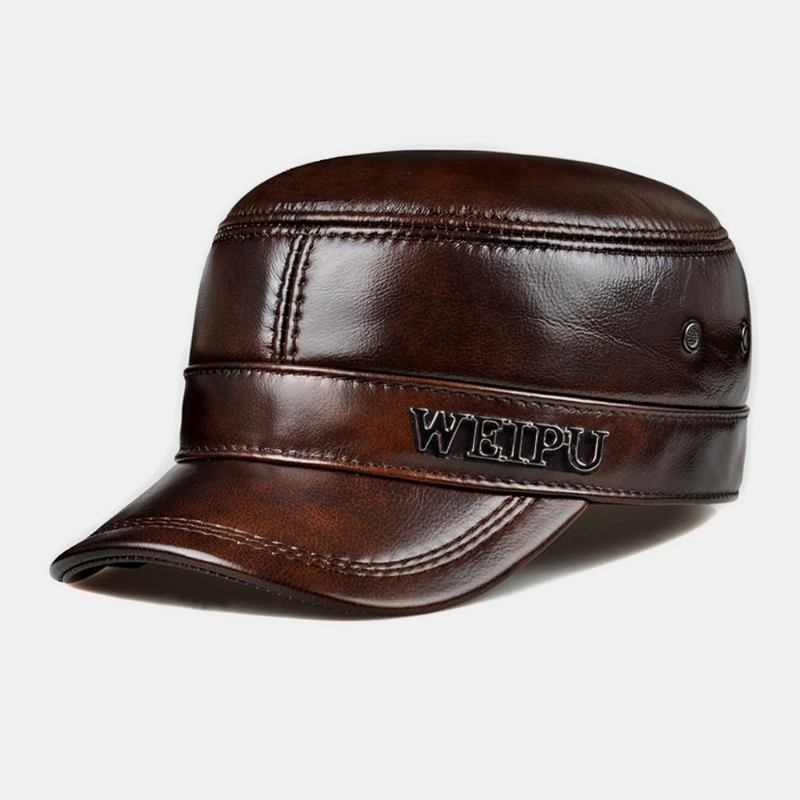 Män Äkta Läder Retro Klassisk Färg Öronskydd Håll Varm Militär Hatt Flat Hat Peaked Cap