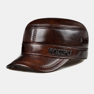 Män Äkta Läder Retro Klassisk Färg Öronskydd Håll Varm Militär Hatt Flat Hat Peaked Cap