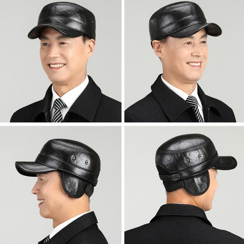 Män Äkta Läder Retro Klassisk Färg Öronskydd Håll Varm Militär Hatt Flat Hat Peaked Cap