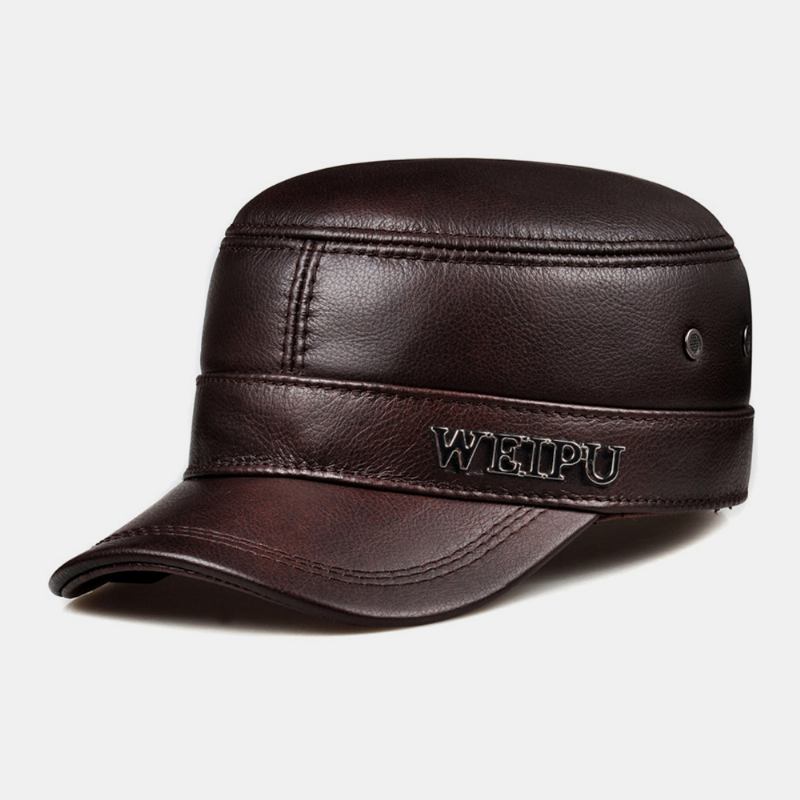 Män Äkta Läder Retro Klassisk Färg Öronskydd Håll Varm Militär Hatt Flat Hat Peaked Cap